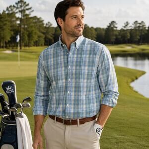 Peter Millar Crown Blue Plaid Button Down Shirt Mens Medium Luxury Cotton